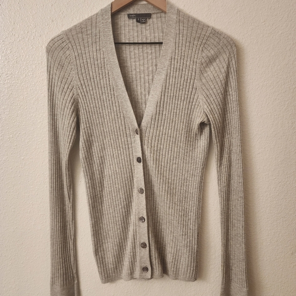 Vince Gray Longsleeve V-Neck Ribbed Knit Button Up Cardigan Sweater Womens Small - Picture 2 of 7